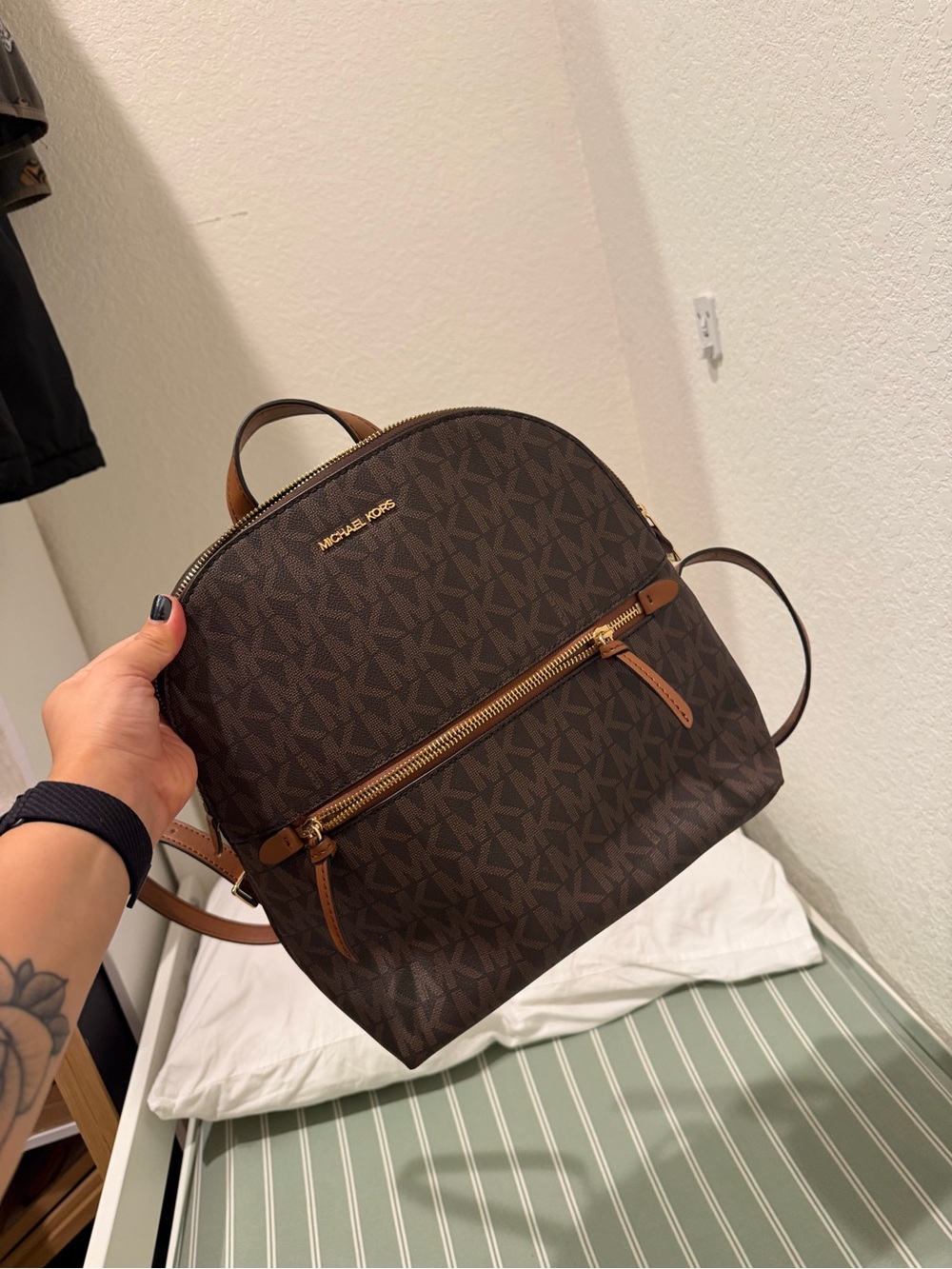 Michael Kors Brown Logo Print Backpack with Tan Accents